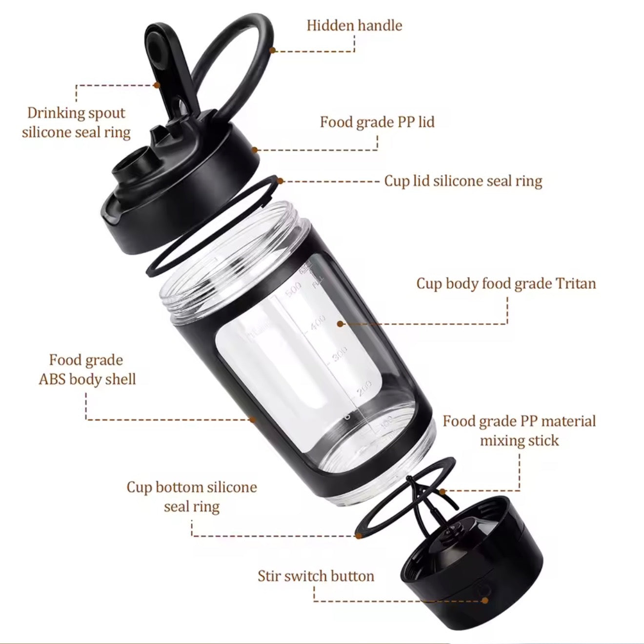 650ml Electric Shaker Bottle Portable Whey Protein Shaker Automatic Stirring Blender Multipurpose Juice Mixer Cups Fitness Works